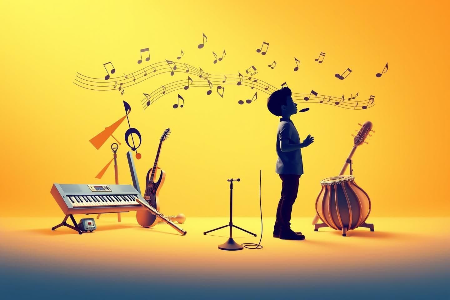 AI generated: A vibrant music academy brochure cover, elegant modern design, soft golden and blue color theme, musical notes floating in the background, high-quality 3D instruments arranged neat