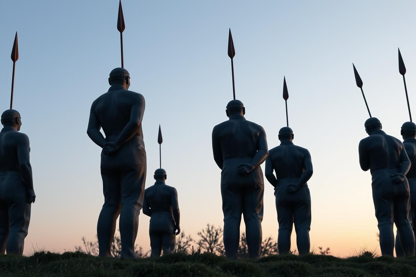 AI generated: Hyper-realistic view of a historical statue in daylight at dusk. Several life-size statues stand upright, their hands clasped behind their backs with spears slightly above the gro