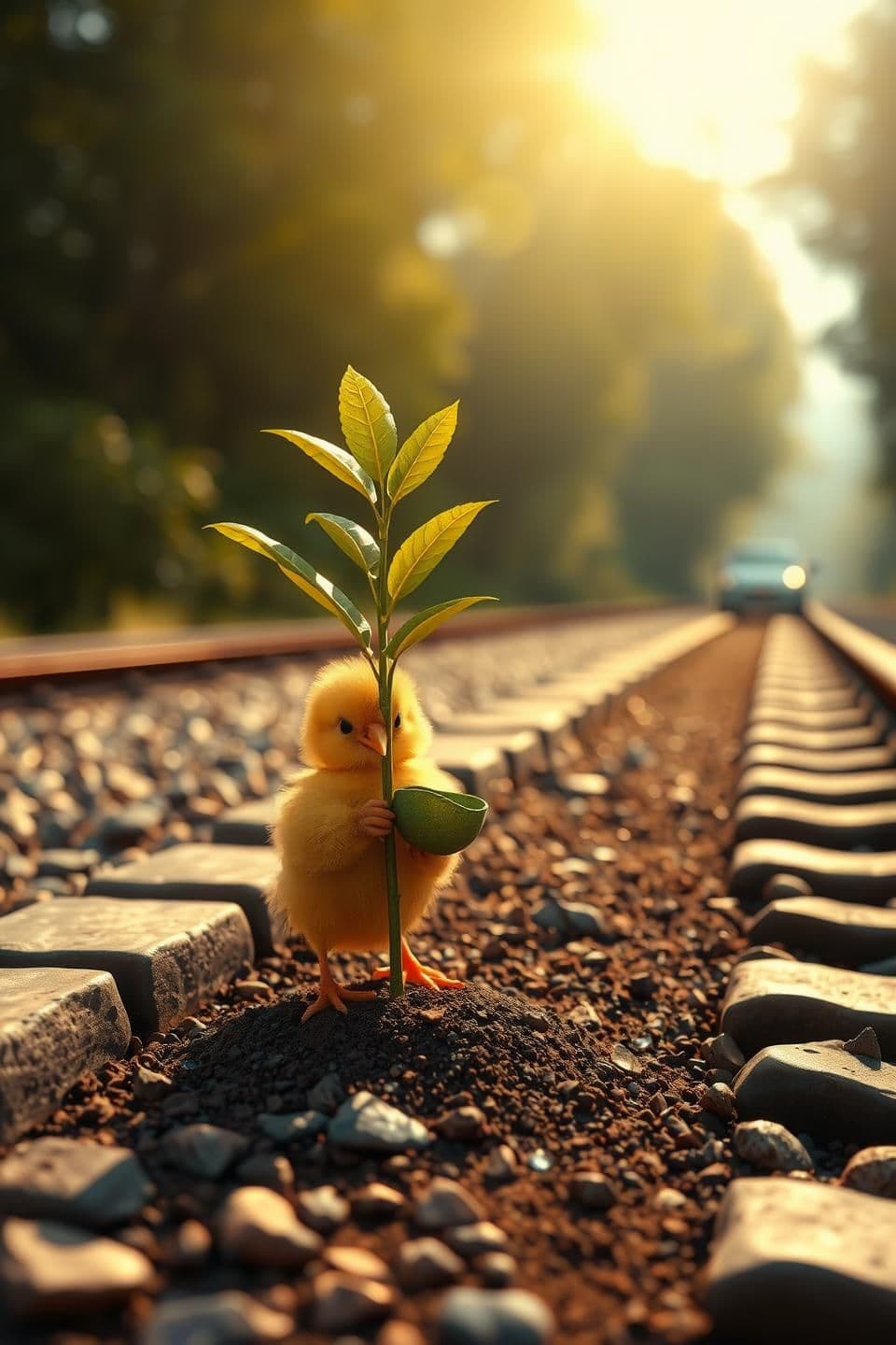 AI generated: “Yellow chick planting a tiny mango sapling beside railway track, soft sunlight, 3D ultra-realistic textures, detailed railway stones, warm color palette, Unreal Engine look.”
“Yel