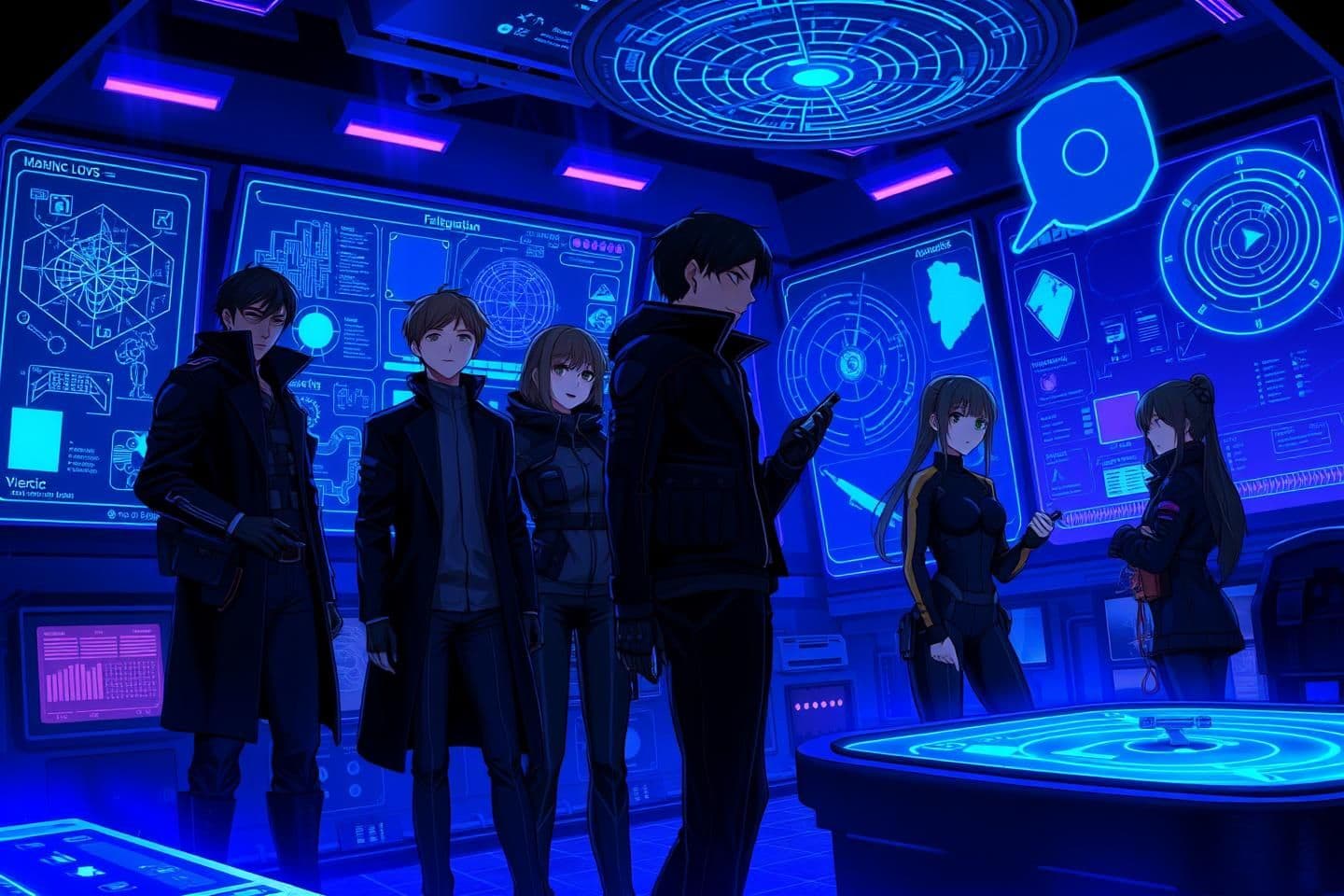 AI generated: “Create a semi-realistic anime-style illustration of an intense mission scene inside an underground command chamber.
The atmosphere is dark, high-tech, glowing in deep blue and vio