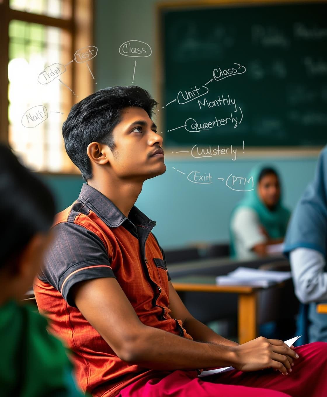 AI generated: An Indian student of around 15-16 years siting on the class in front of teachers on the bench and continuously thinking in his mind about(show it by small charts side of side of hi