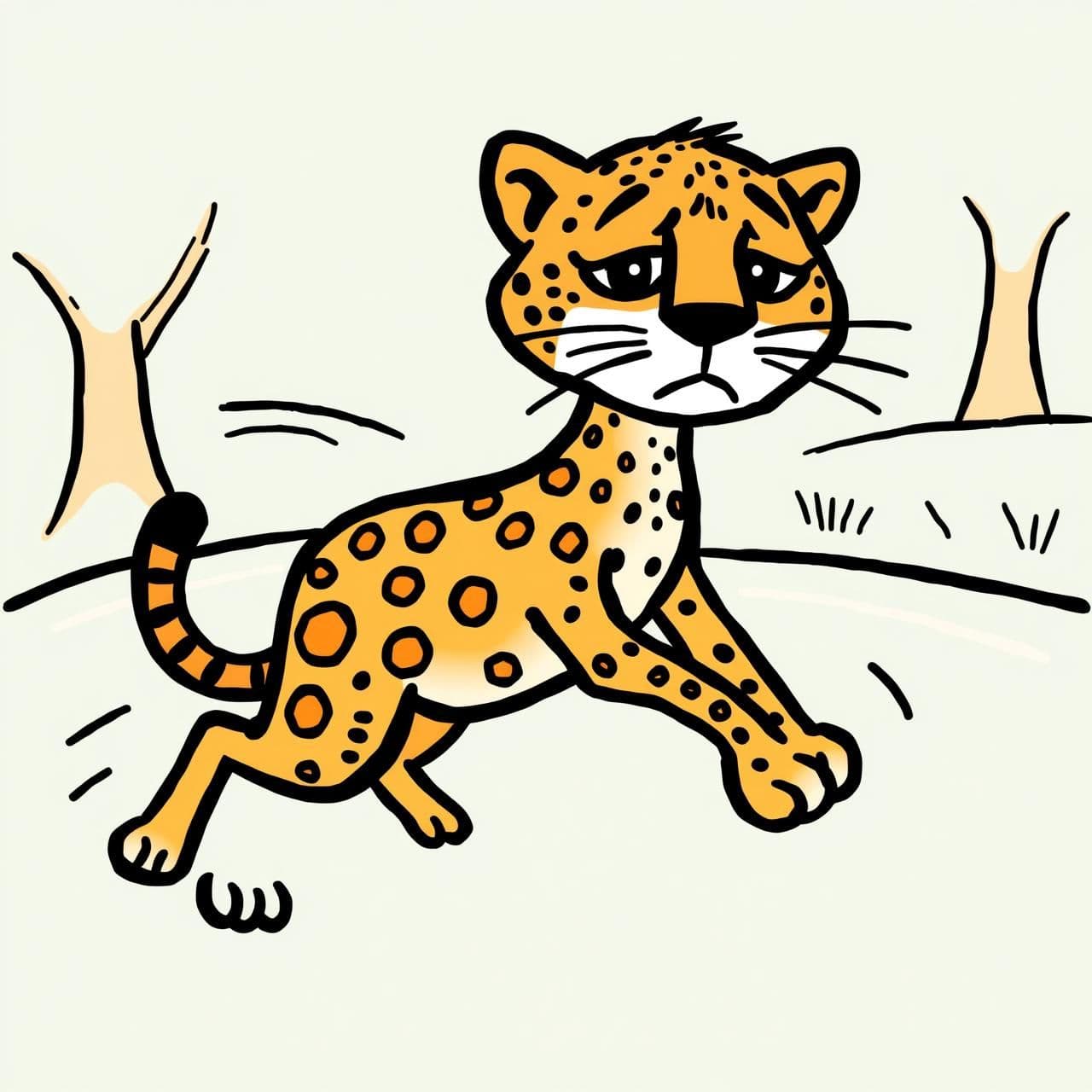 AI generated: "Draw a simple children's illustration of a cheetah looking fast yet sad, representing life as the fastest animal struggling in the wild. Use thick black outlines, bright primary c