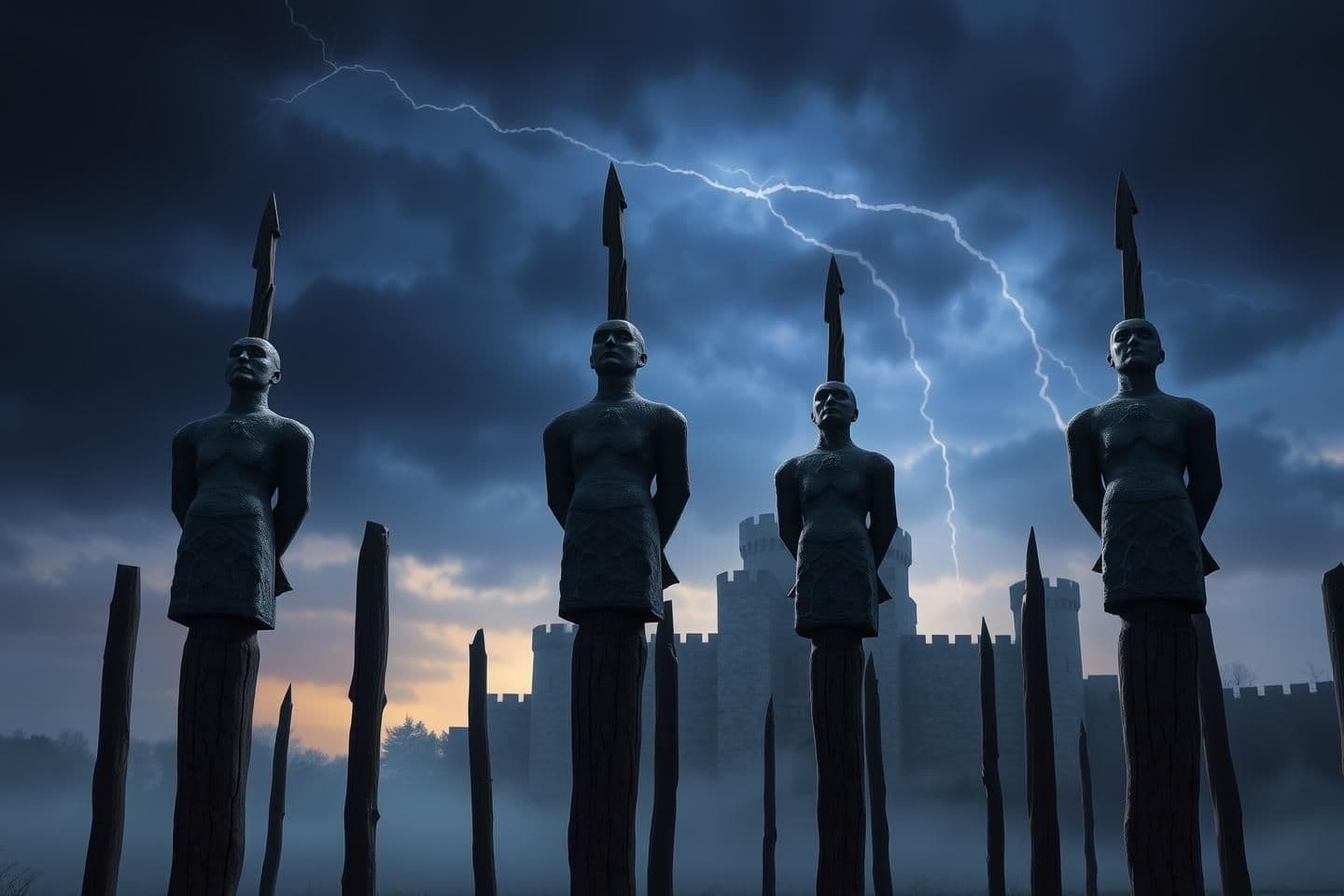 AI generated: Dark historical scene at dusk.
Human-shaped stone statues standing upright on tall wooden stakes.
Faces lifted toward the sky, calm and emotionless expressions.
Hands positioned b