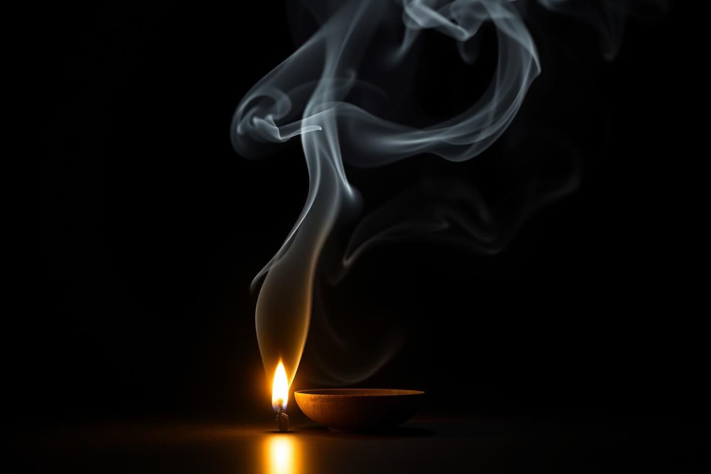 AI generated: A dark minimalistic background with a single glowing dhoopbatti / incense stick (or clay deepak lamp) placed at the center. Soft white sacred smoke rises gracefully from the flame