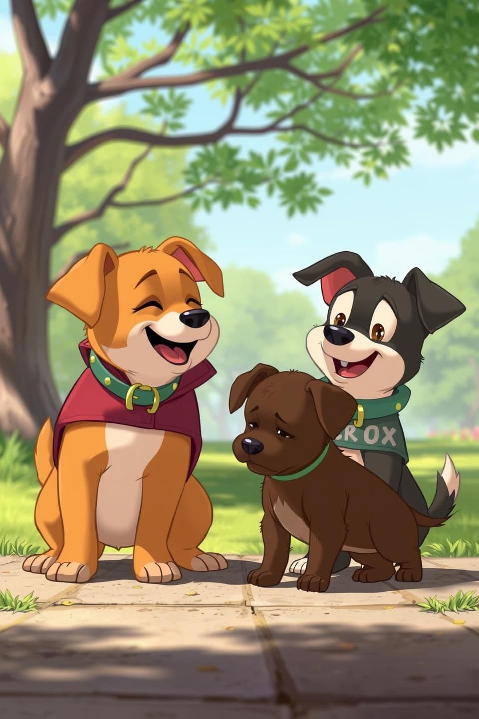 AI generated: Character consistent रहे:
✅ गरीब भूरा छोटा पिल्ला — टॉमी
✅ दो अमीर, साफ-सुथरे, सुंदर पिल्ले — घमंडी look
✅ Emotional + cinematic feel
Prompt: Two rich clean puppies, wearing shiny