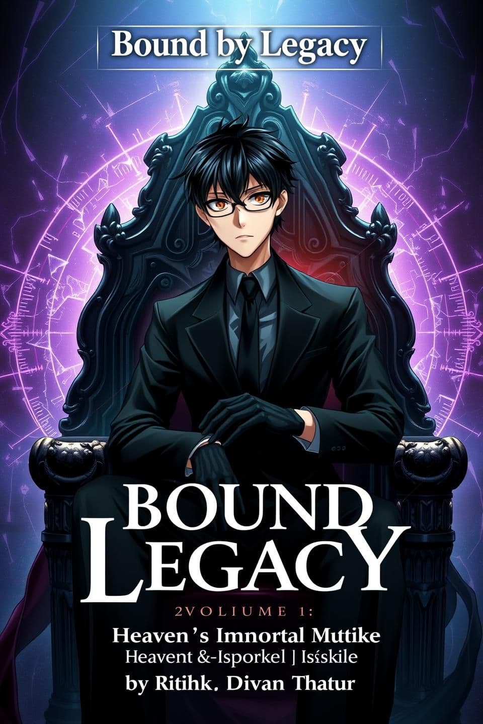 AI generated: Create a vertical light novel cover. Anime-style male character, 21 years old, black hair, brown eyes, glasses, lean and tall, wearing black suit and gloves, calm and mysterious. S