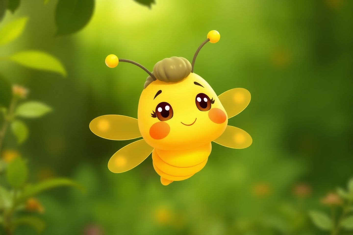 AI generated: The image showcases a charming, cartoon-style firefly floating in a lush green environment. The firefly is the central focus, depicted with a large, round head and a small, segment