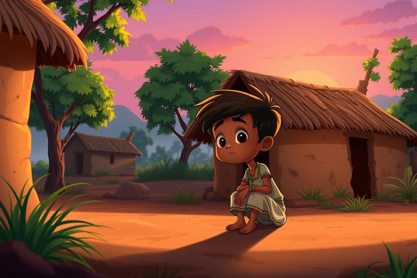 AI generated: 16:9 aspect ratio, cartoon style illustration of a small peaceful Indian village at sunrise, with small mud huts and green trees. A poor orphan boy named Raja (10 years old) wearin