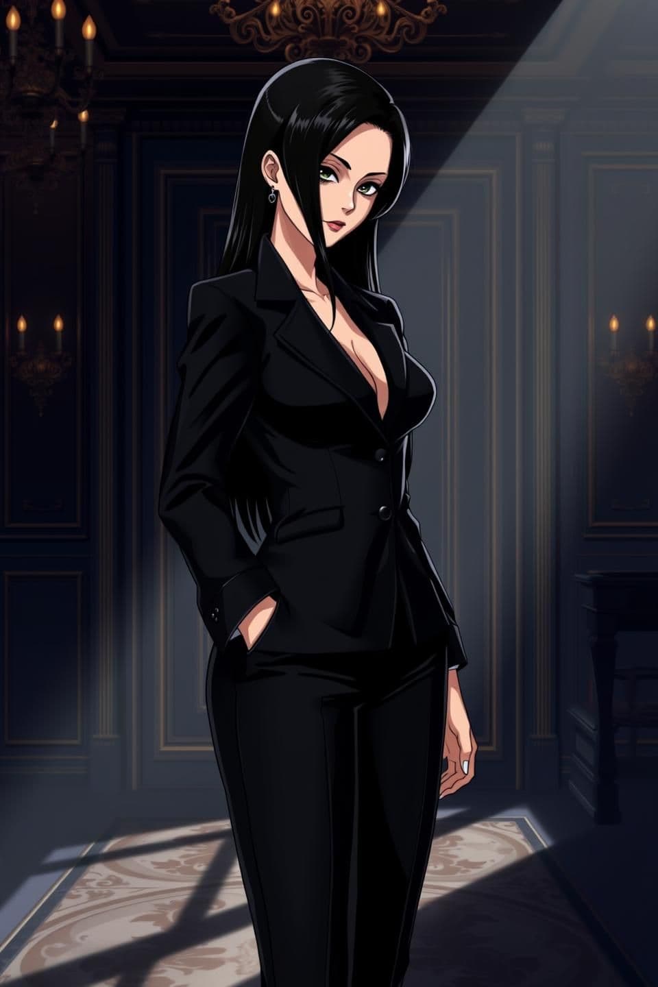 AI generated: Anime-Style Image Prompt:
Anime-style, full-body portrait of Lucilla Sanitti, a cold and beautiful mafia queen, age 28. Sharp, elegant features, long dark hair styled sleekly. Wea