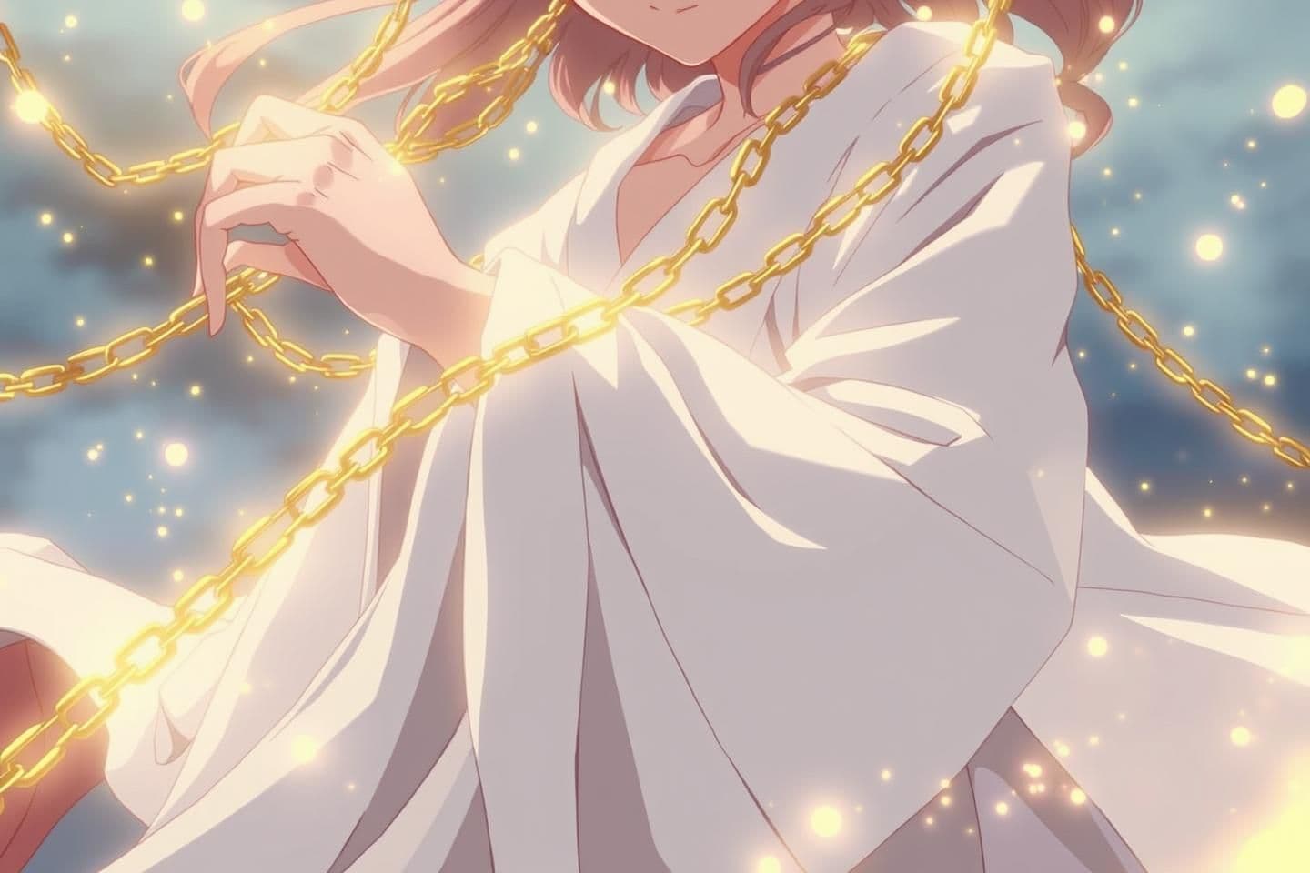 AI generated: Frame 3 – Chains Dissolving (0:16–0:22)
Golden ethereal chains wrap lightly around her arms and start dissolving into shimmering petals. Her white robe flows outward as if caught
