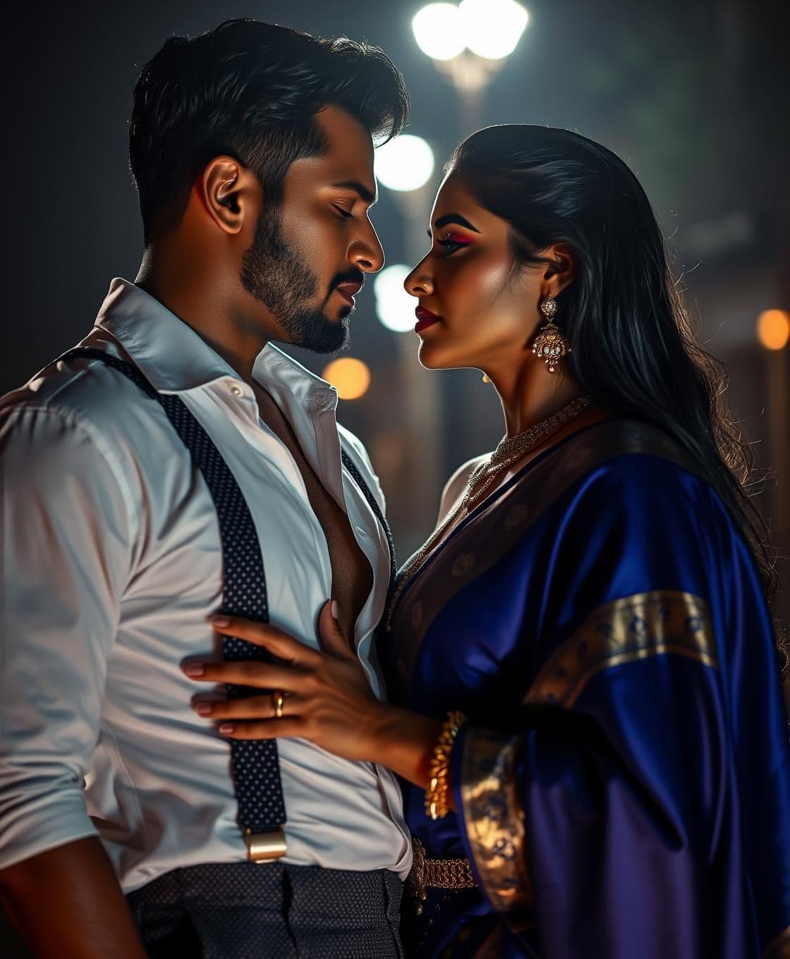 AI generated: Subject: A cinematic, ultra-realistic night portrait of a stunning Indian couple, identical to reference features, locked in a gaze of consuming, primal devotion. The atmosphere i