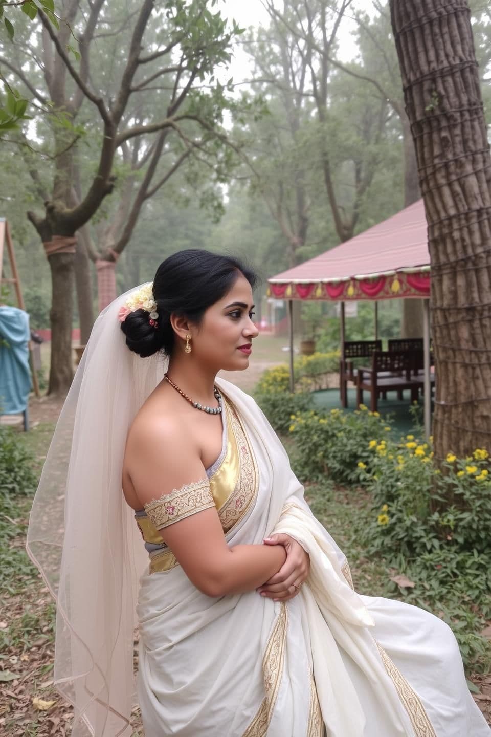 AI generated: भारत में रेलवे ट्रैक पर एक साफ़, नीले रंग का डीजल इंजन तेज़ी से पास आ रहा है, जो सीधे दर्शक की ओर आ रहा है। ट्रैक के ठीक बगल में, एक पूज्य, वृद्ध भारतीय महिला, पारंपरिक सूती साड़ी