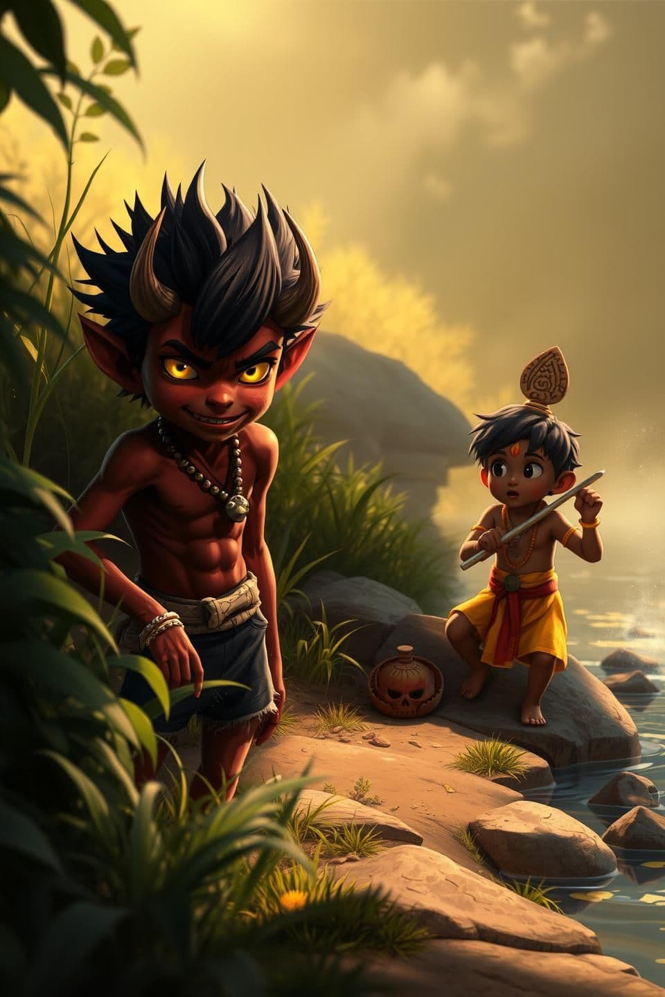 AI generated: 🖼️ Image Prompt:
3D realistic scene of Raktasur, a 9-year-old demon boy, height 3.5 feet, lean muscular body, dark red-brown skin, black spiky hair, glowing yellow eyes, and sharp