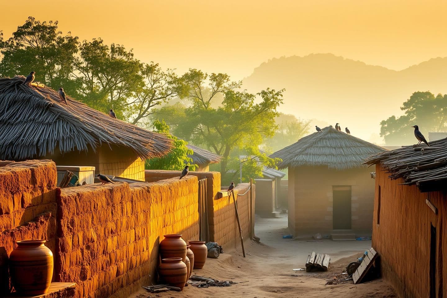 AI generated: "Peaceful early morning in an Indian rural village, soft golden sunlight, mud houses with thatched roofs, light mist in the air, clay pots near the walls, wooden charpai, narrow du