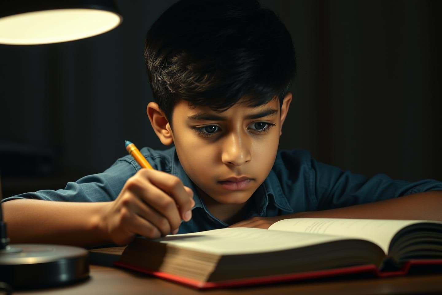 AI generated:
Cinematic close-up of a 14-year-old indian student struggling to study at night. A desk lamp glows softly. Textbooks are open, pencil tapping, the student looks stressed and con
