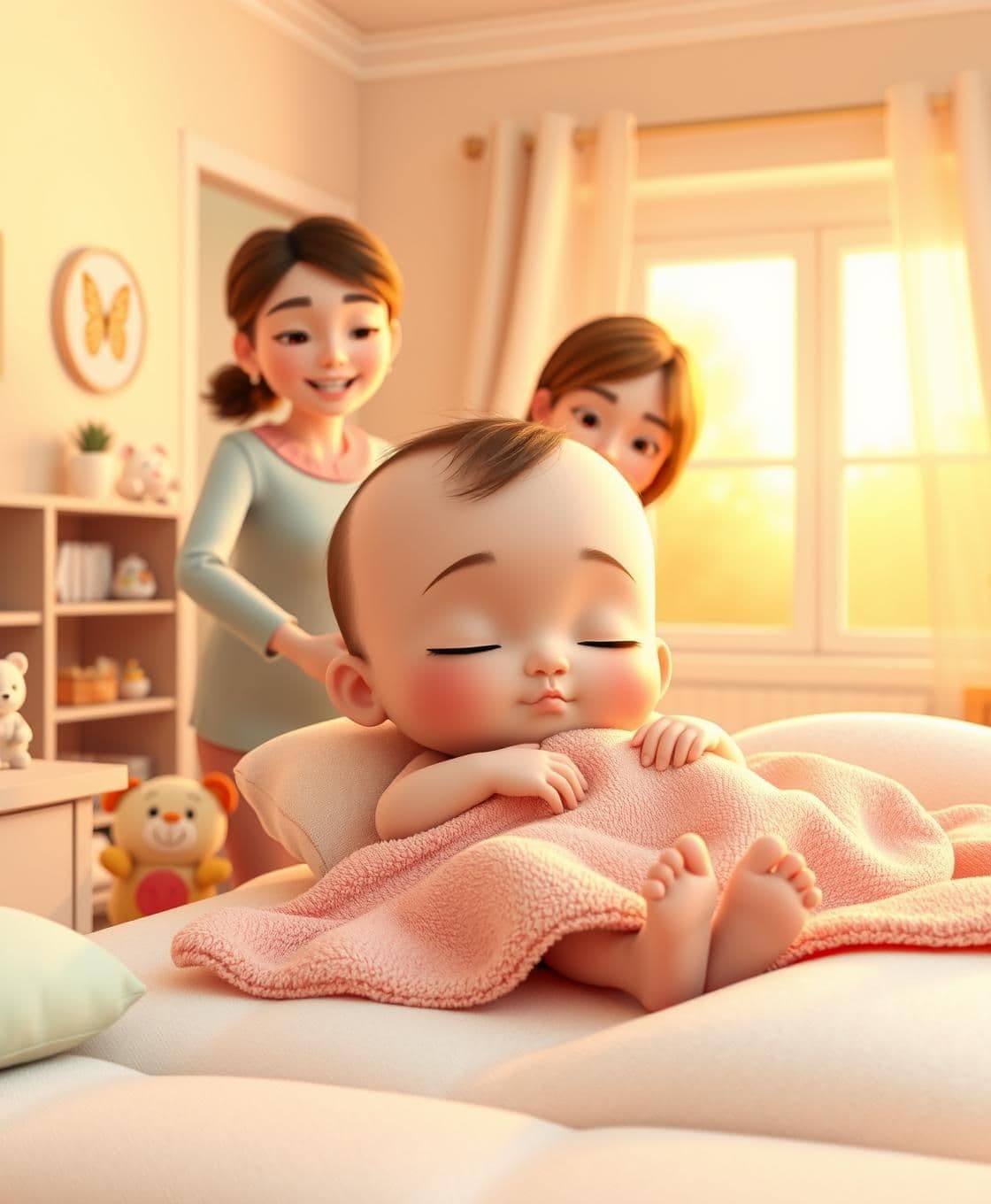 AI generated: There is a super cute 3D cartoon baby sleeping peacefully in his cozy and loving bedroom. The room is very soft, warm, and decorated with pastel colors, with a fluffy blanket and c
