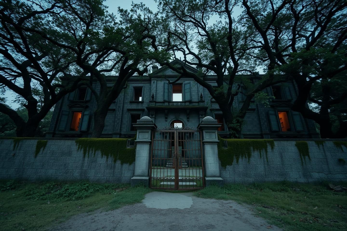 AI generated: An abandoned ancient palace standing on the outskirts of a rural village, surrounded by dense banyan and peepal trees, cracked stone walls covered in moss, broken windows like holl