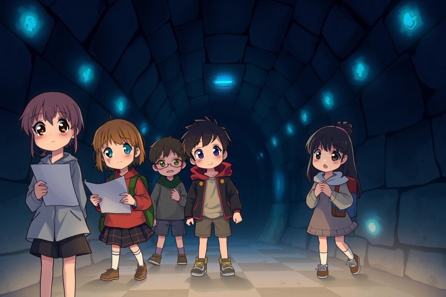 AI generated:
“A semi-realistic anime-style illustration with a dark-blue background.
There are 5 children total – 2 boys and 3 girls – all wearing new outfits different from previous chapters.