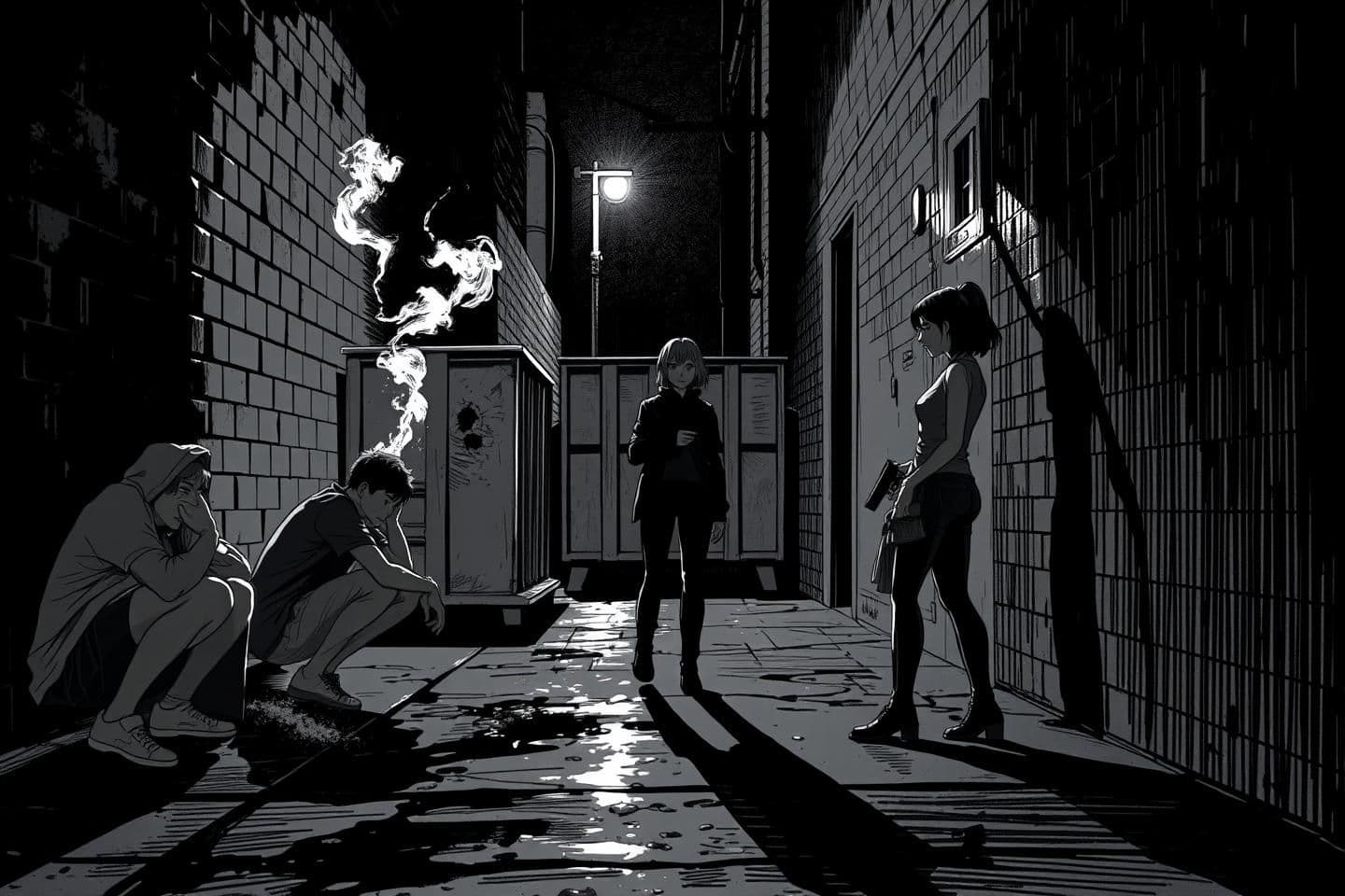 AI generated: Style: Black-and-white, dramatic shading, noir-inspired, high contrast, sketch-style lines; focus on tension and emotion, not faces.
Scene Description:
A narrow, dimly lit alleywa