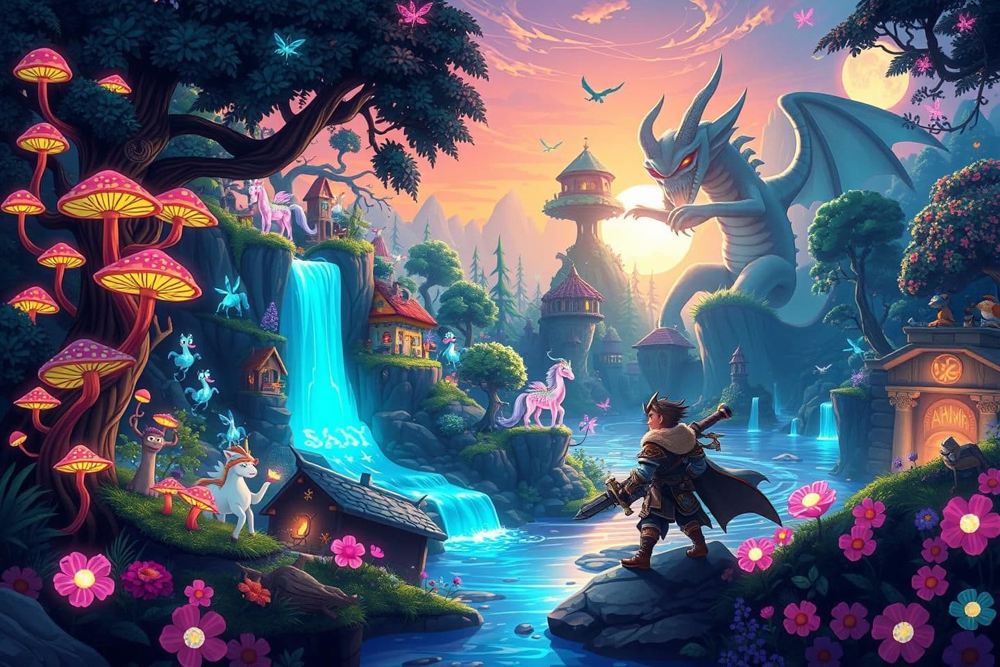 AI generated: "Create a vibrant fantasy scene set in a mystical forest glowing with neon mushrooms, floating islands, and enchanted weapons. Include mythical creatures like phoenixes, unicorns,