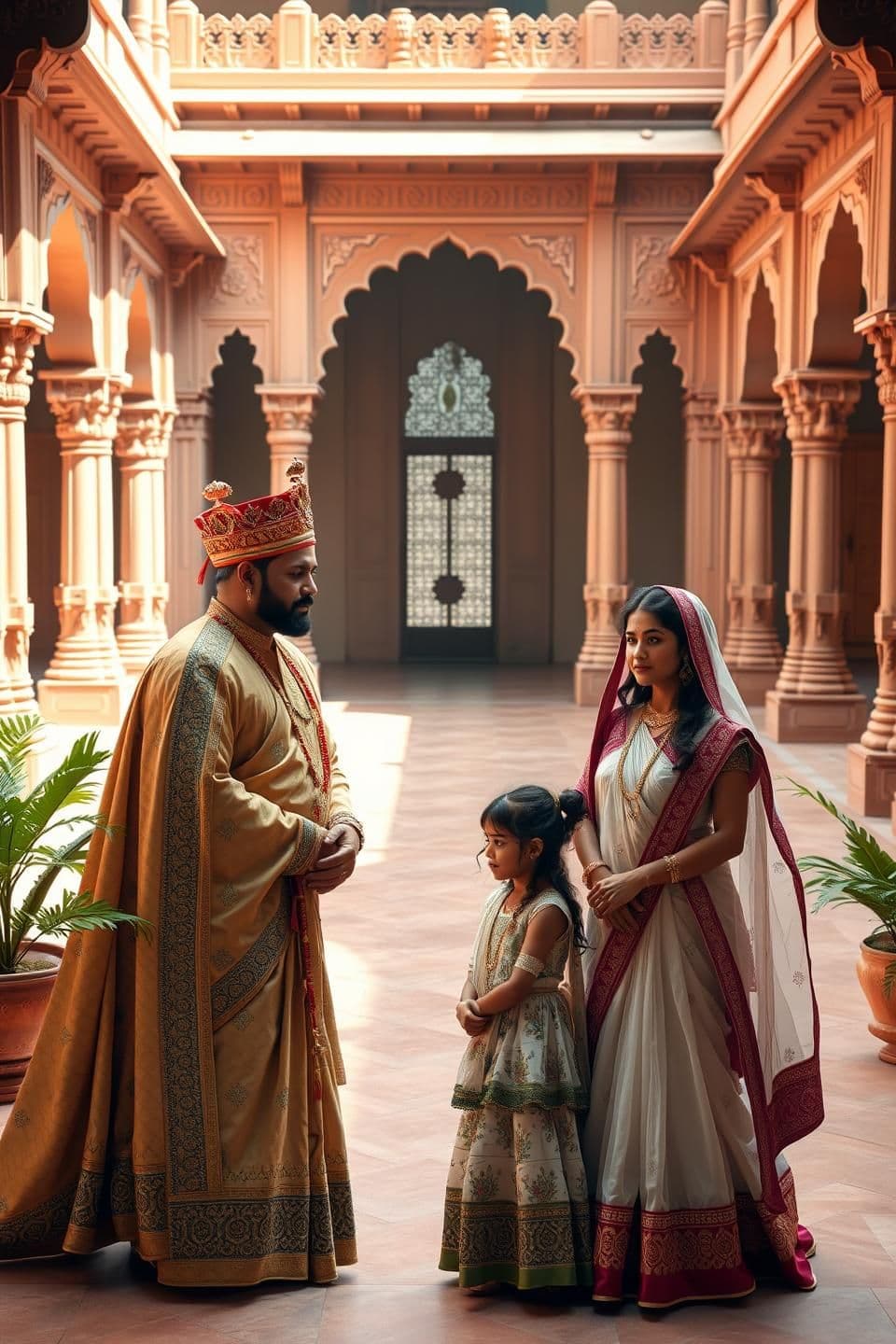 AI generated: Create a 9:16 vertical scene of an Indian royal palace courtyard. A traditional Indian king and queen stand with their two daughters, Champa and Rupmati, wearing simple royal attir