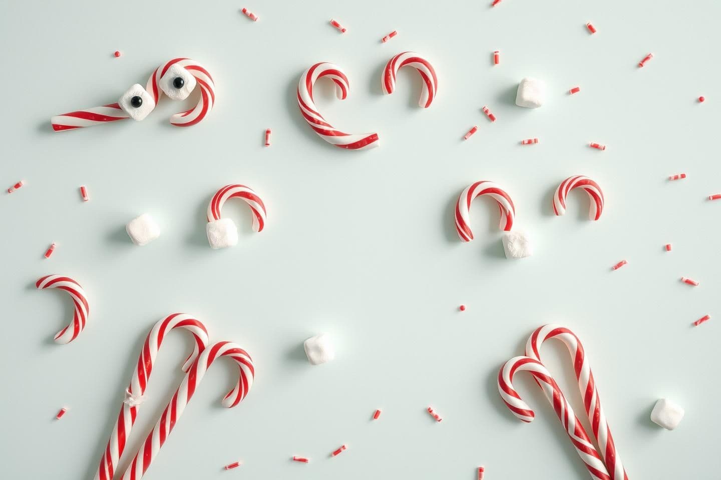 AI generated: Photorealistic playful Christmas flat-lay background on pastel mint surface: candy canes arranged like smiley faces, tiny marshmallows “eyes”, sprinkled confetti like snow, soft st