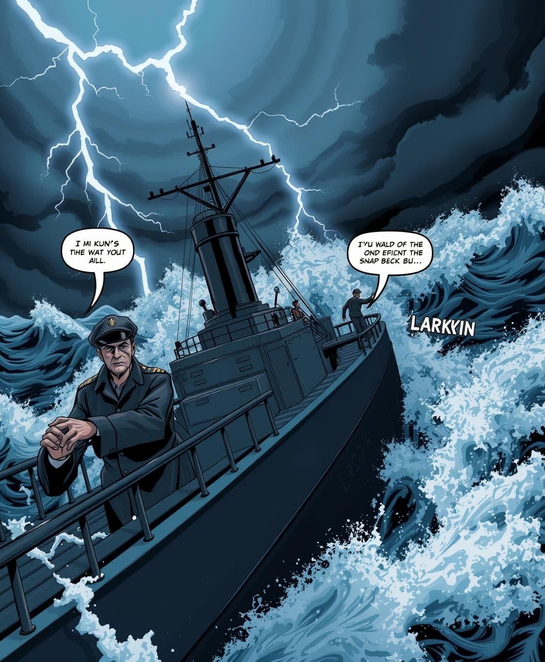 AI generated: A stormy sea scene with a 1940s military ship (the Belvaria) being hit by huge waves. Lightning flashes across dark, swirling clouds. Captain Adrian is shown on deck, looking tense