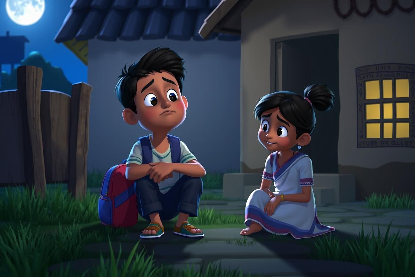 AI generated: 3D cartoonish rural night scene with Neel sitting sadly outside the house, holding his school bag. Arya sits beside him with a comforting hand on his shoulder, both under moonlight