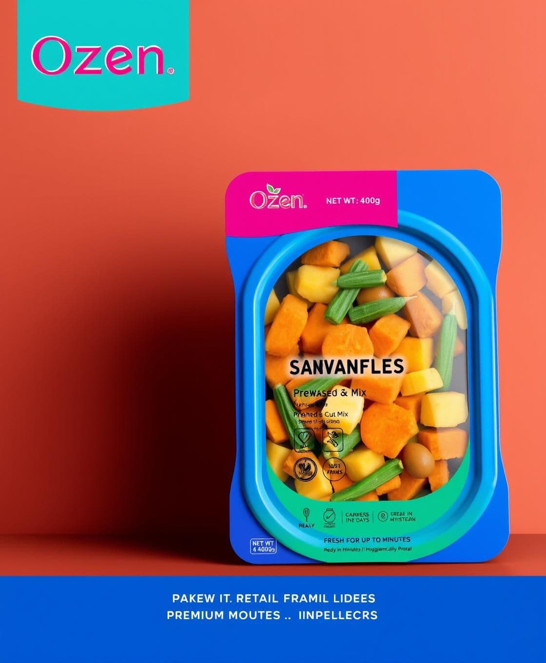 AI generated: Design a premium retail pack for Ozen Fresh – Sambar Veggies (Pre-Washed & Cut Mix) inspired by the blue-tray examples, but with a new and distinct look.
Packet Style
Use a brigh