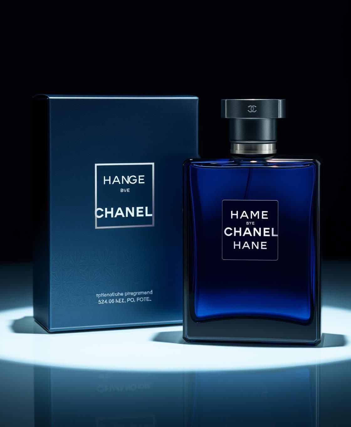 AI generated: Create an original luxury perfume bottle and packaging design inspired by the elegance and depth of midnight blue fragrances. The bottle should be rectangular with clean, sharp edg