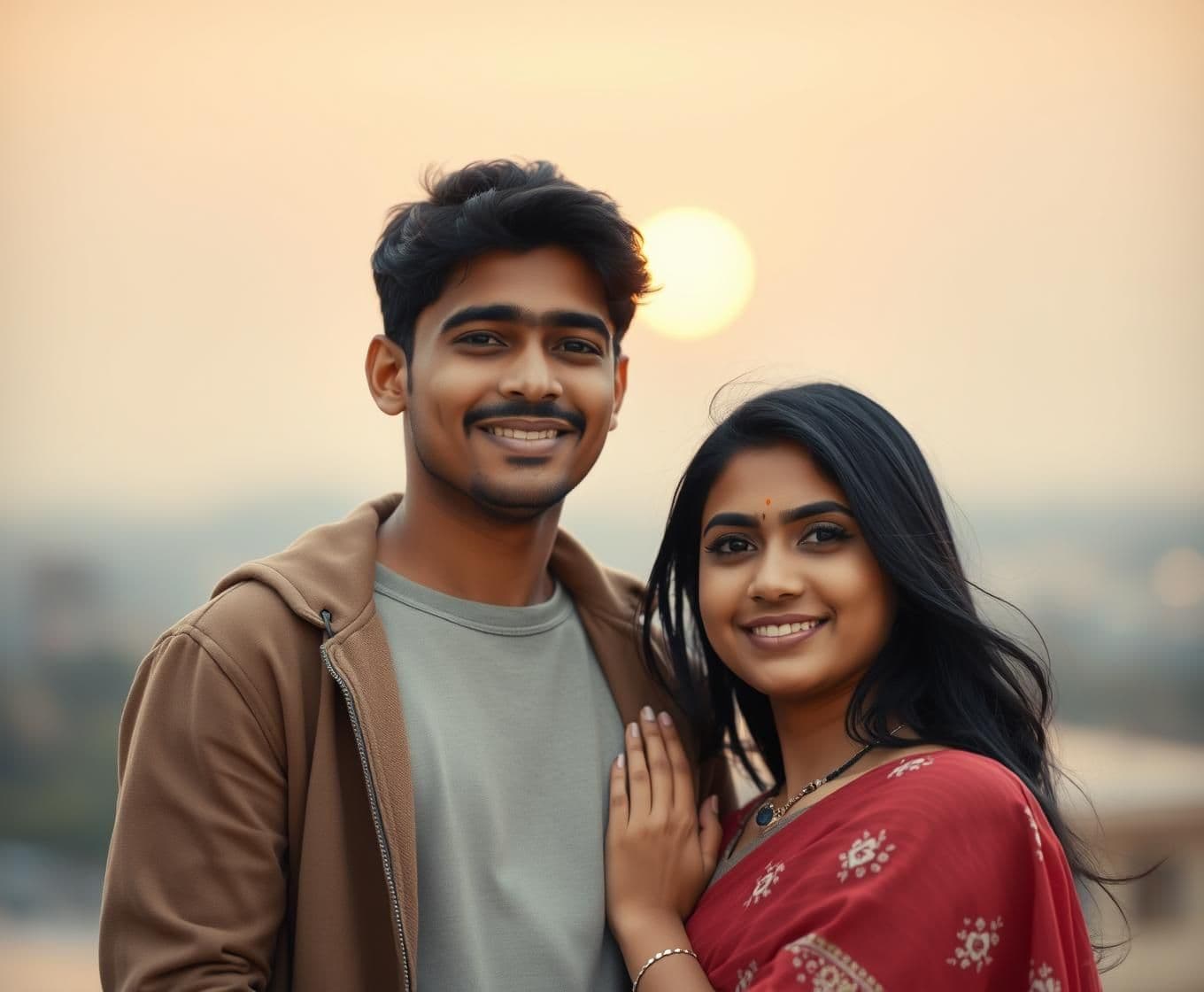 AI generated: cinematic, dramatic, bokeh
A soft, romantic Indian-themed novel cover showing a young Indian couple in their early 20s standing close together, smiling gently. The boy has a warm,