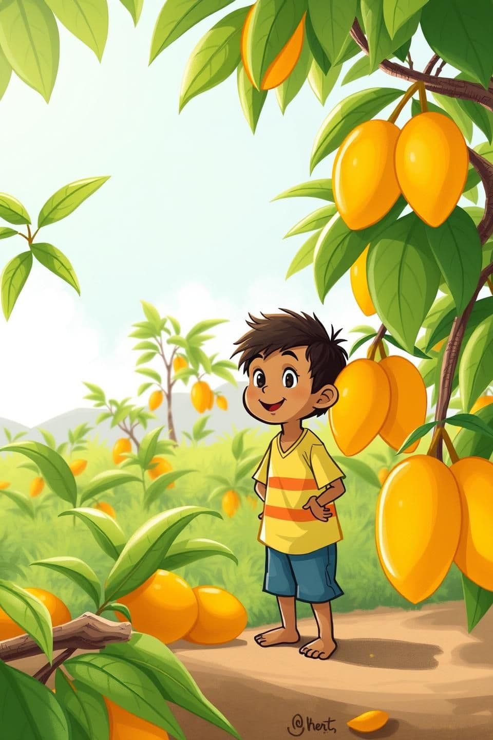 AI generated: IMPORTANT: Generate with all text in Hindi script only.
---
Bhullu visited his grandmother's mango orchard every day. As soon as the soft morning sun shone on the leaves, he wou