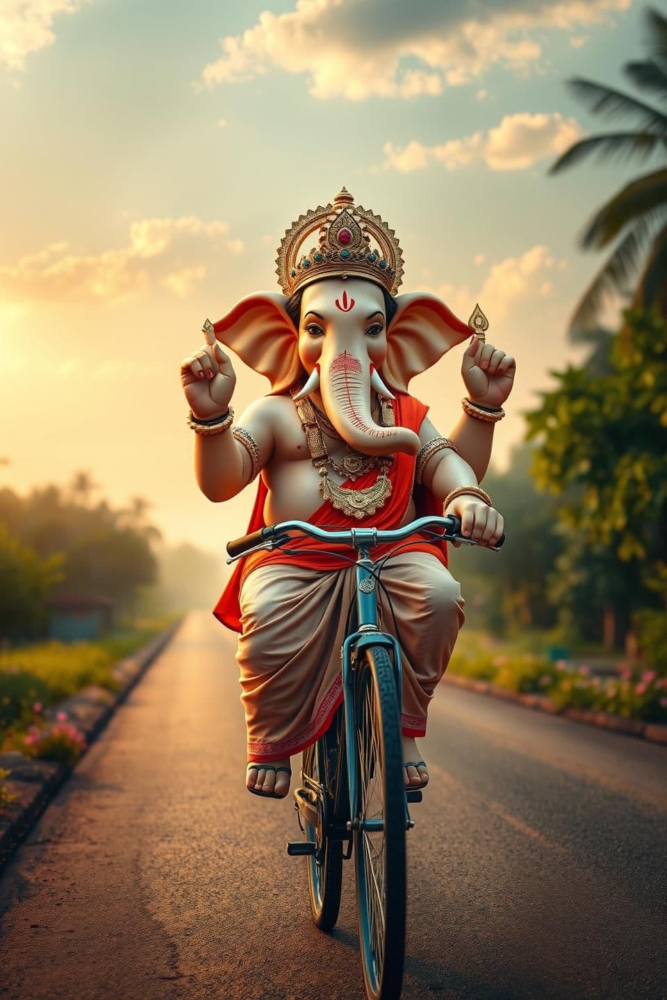 AI generated: Lord Ganesha riding a bicycle, elephant head with a gentle smiling face, wearing a golden crown and red dhoti. Morning golden sunlight, peaceful Indian village road, surrounded by