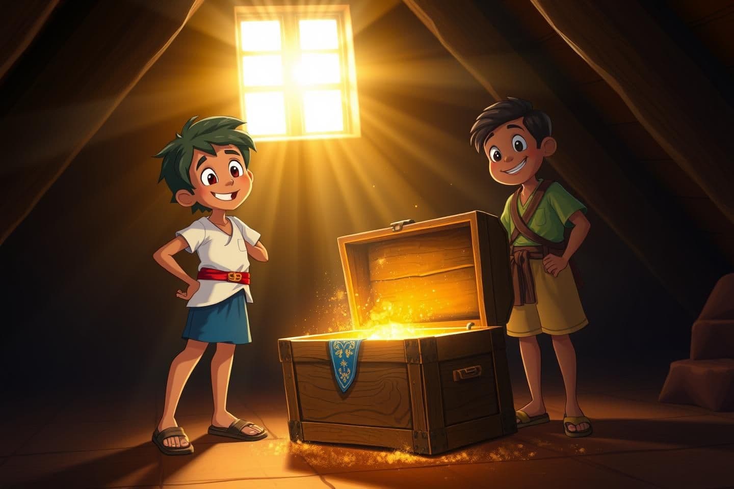 AI generated: Inside a dimly lit attic with wooden beams and sun rays shining through a window, 10-year-old Indian boy, light brown skin, messy black hair, big brown eyes, happy smile. Wears whi