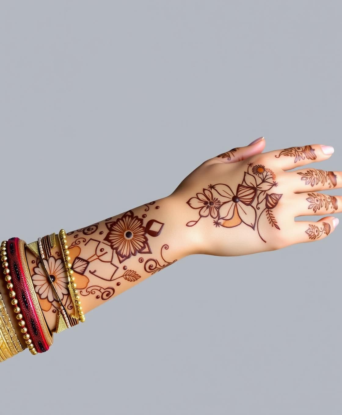 AI generated: "Generate an artistic AI-style image of the bridal arm of an Indian bride named Heena, shown from fingers to elbow. The arm features unique, modern-meets-traditional mehndi (henna)