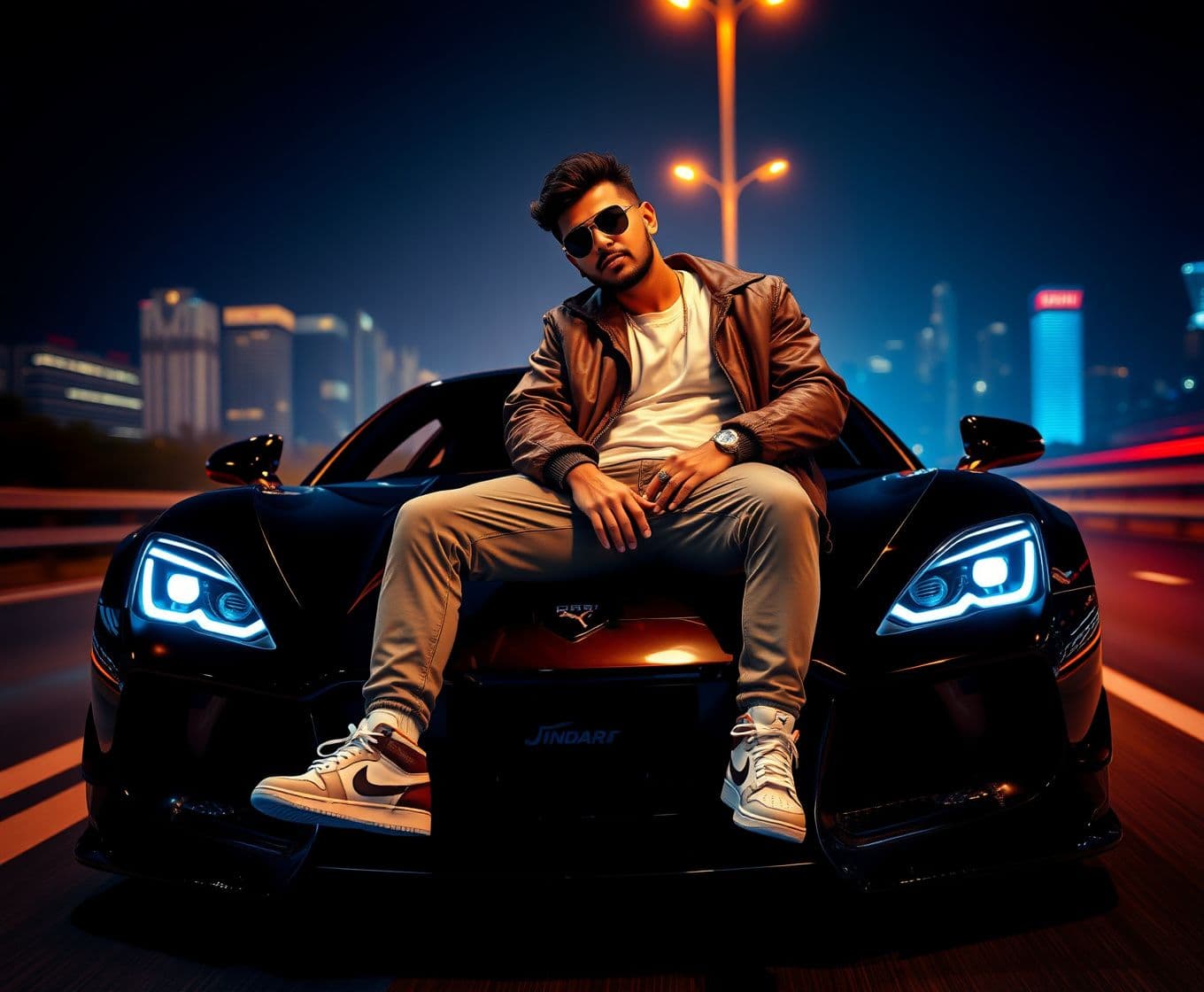 AI generated: A cinematic hip-hop song thumbnail featuring a confident young Bengali rapper sitting on the hood of a modified luxury sports car at night. The car has underglow neon lights. The b