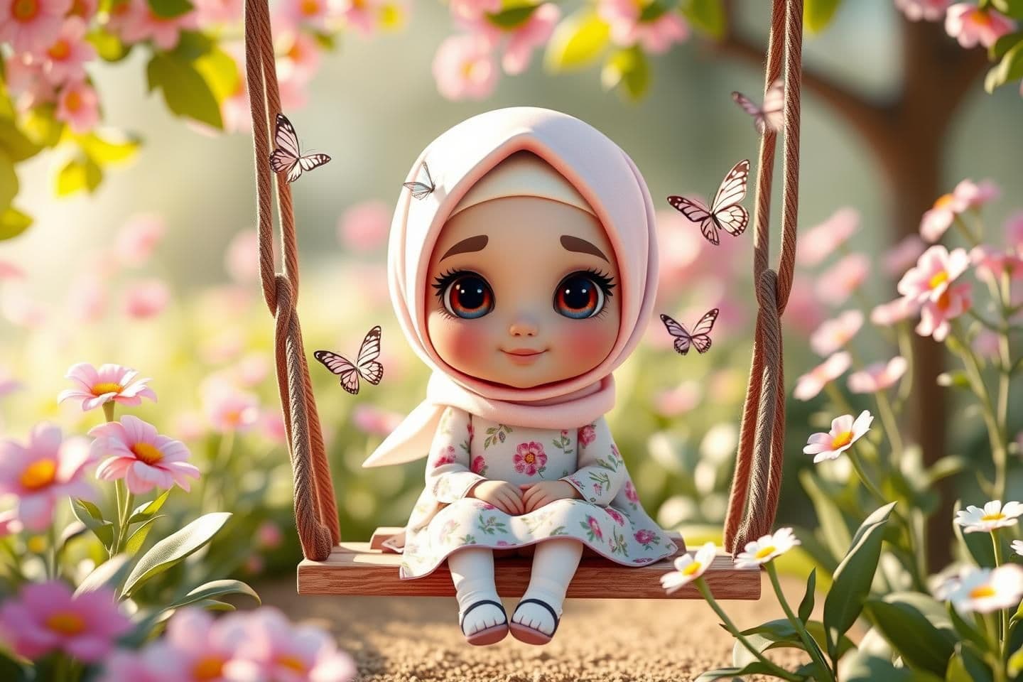 AI generated: A sweet 3D illustration of a little Muslim girl sitting on a swing in a flower garden. She is wearing a floral dress and a pastel pink hijab. Big sparkling eyes, surrounded by butt