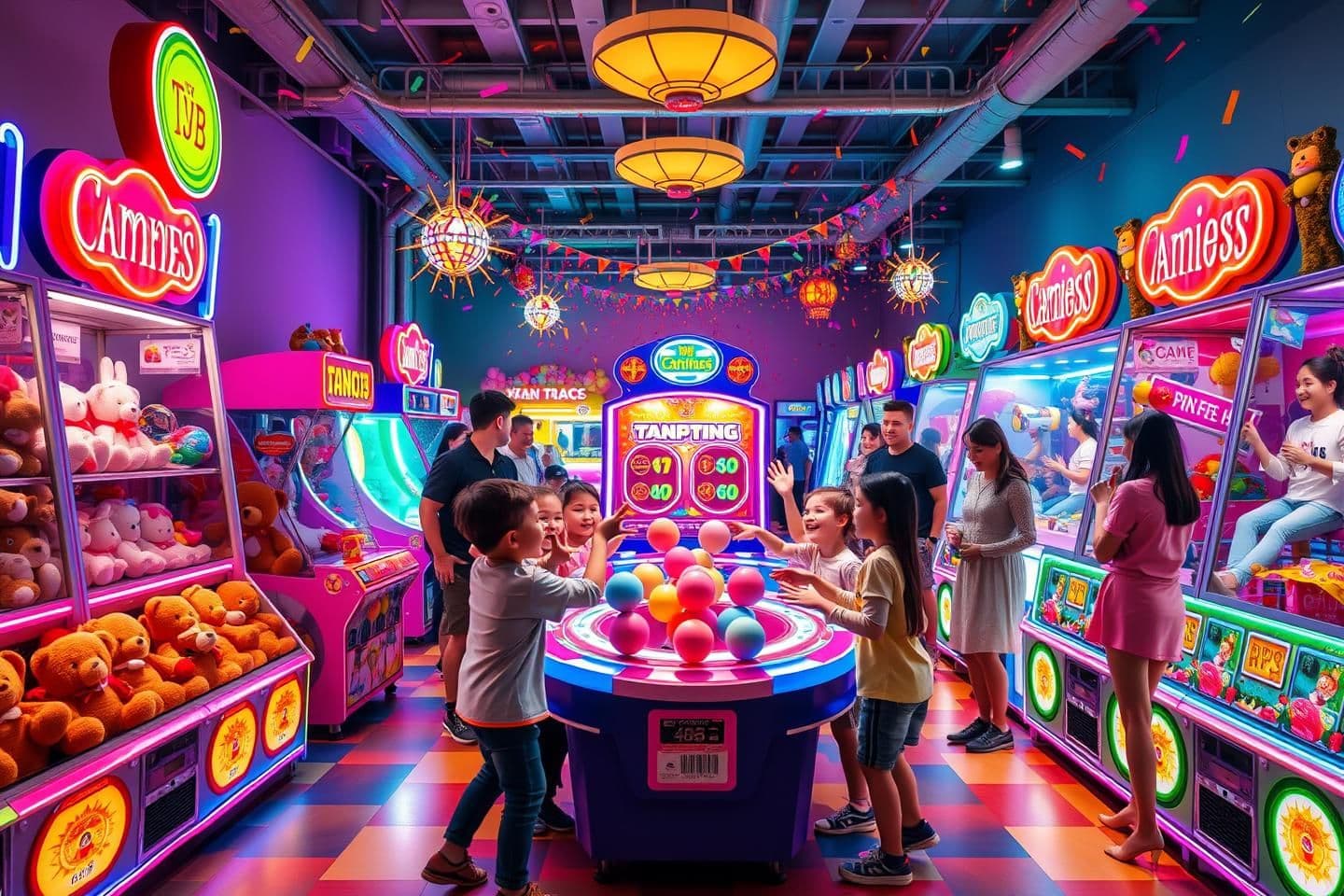 AI generated: A vibrant, colorful indoor arcade filled with bright neon lights, glowing signs, and festive confetti. Children and families are happily playing various arcade and carnival-style g