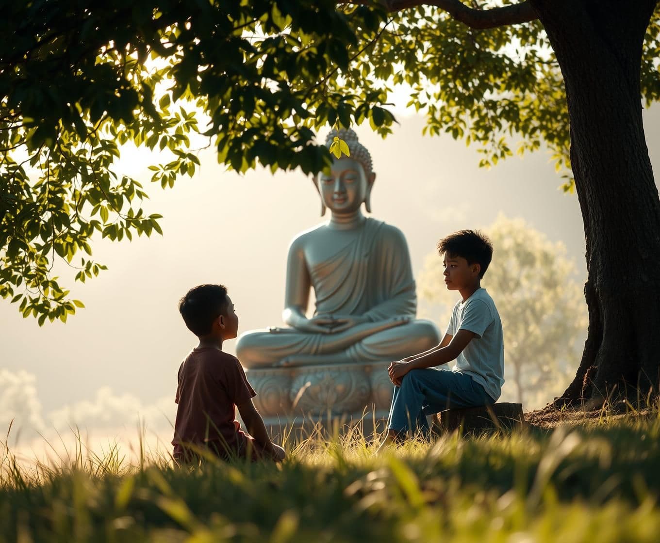 AI generated: A close-up peaceful conversation scene: Buddha sitting calmly on a stone seat, young villager sitting in front of him with emotional eyes, soft sunlight filtering through tree leav