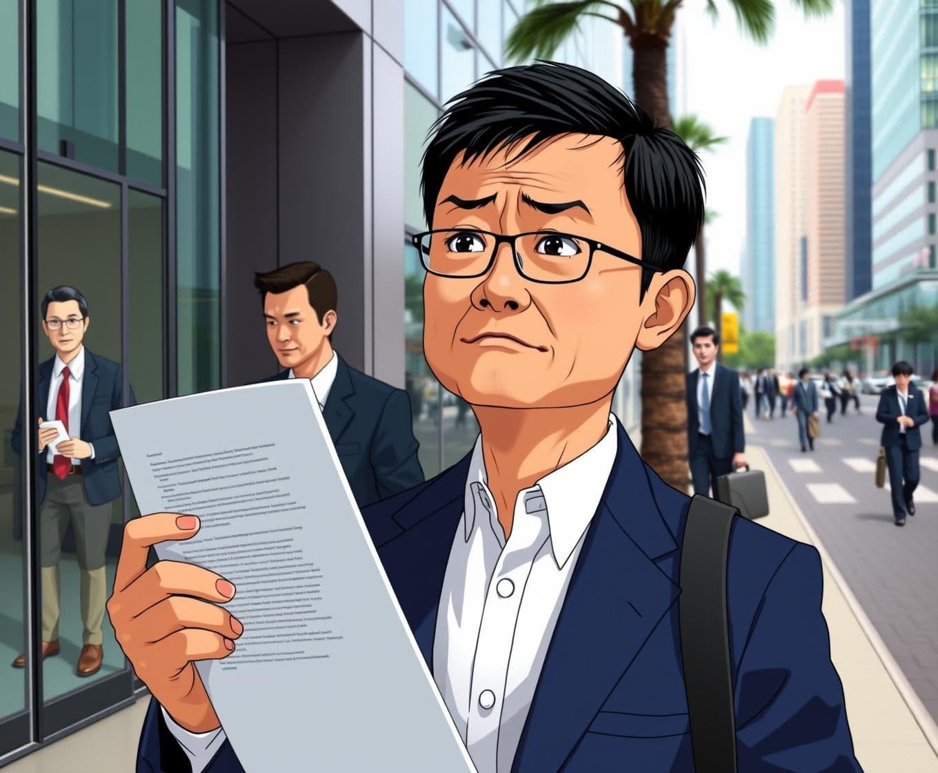AI generated:
Prompt:
“animeted-style visual of Jack Ma in Silicon Valley, standing outside sleek office buildings of various investors, holding a folder with his business plan. He looks hopefu