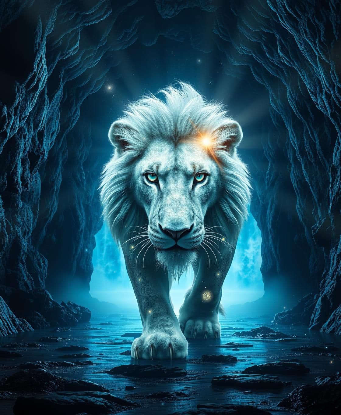 AI generated: Ultra 8K, majestic cosmic lion emerging from a radiant blue cave behind a waterfall, silver fur shimmering like galaxies, eyes glowing with constellations, cosmic particles floatin