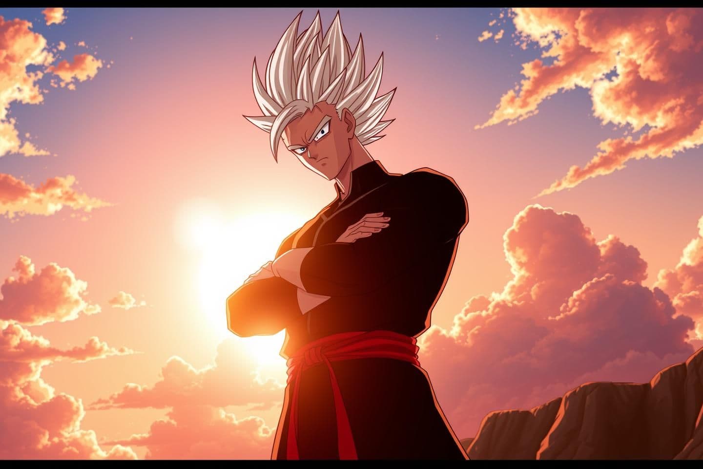 AI generated: Anime-style character inspired by Dragon Ball Grand priest, standing confidently with arms crossed against a bright sunset sky with clouds. The character has tall, spiky white hair
