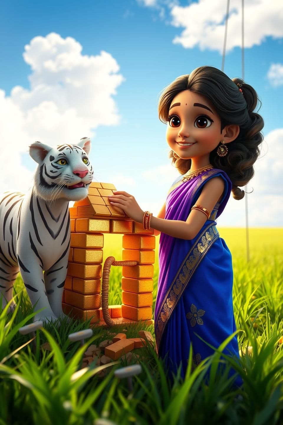 AI generated: “A beautiful Indian girl wearing a bright blue saree with golden embroidery, smiling while building a small house made entirely of shiny gold bricks in an open green field. The sce