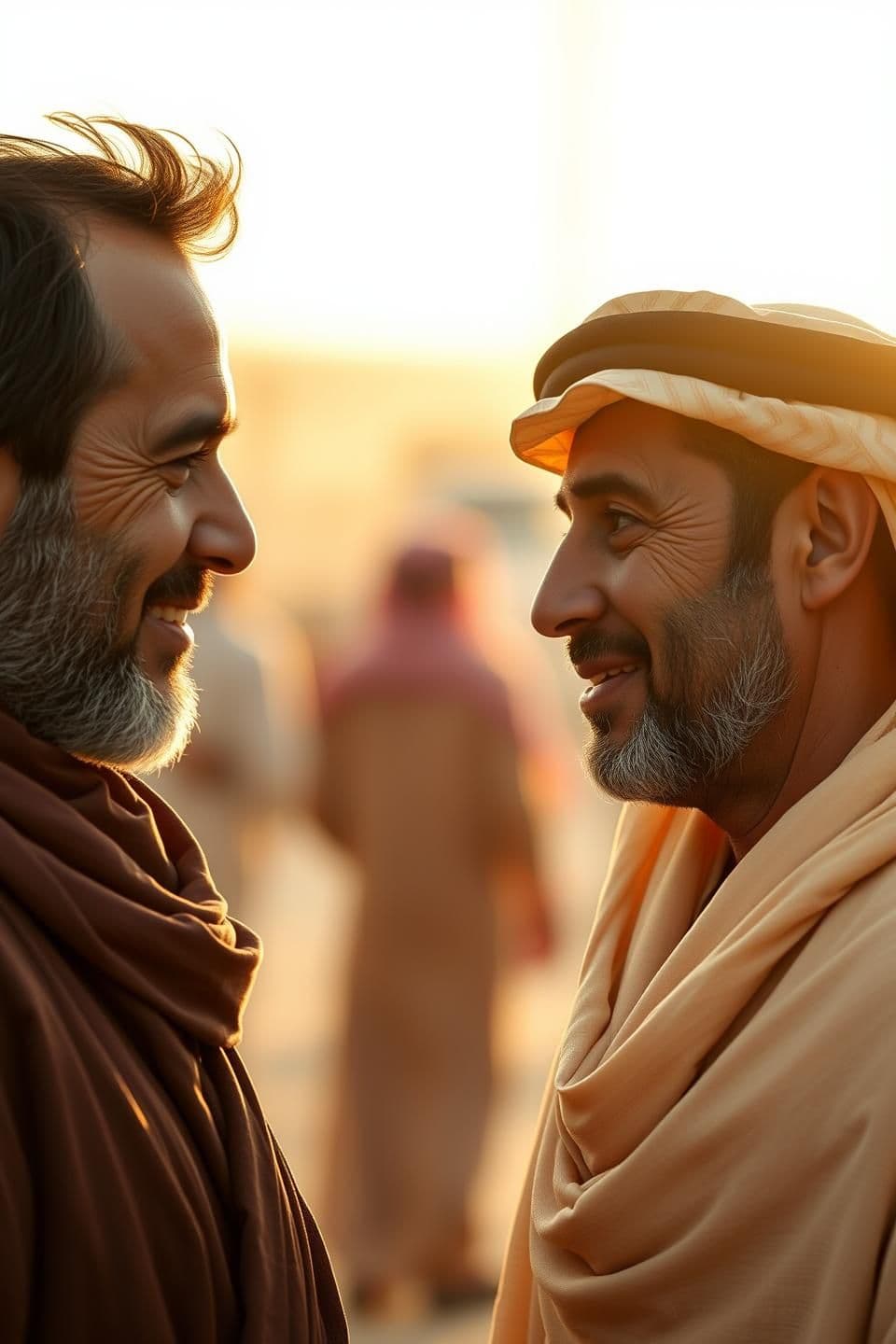AI generated: Two men standing face-to-face, talking softly with natural expressions, warm evening light.
Ultra-realistic facial details, slight smiles, expressive eyes showing respect and focus