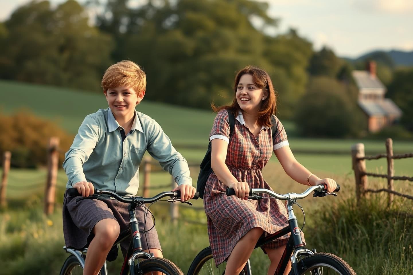 AI generated: English Countryside...a boy of 13 cycling along with another girls of 15 on cycle...the boy is fair, handsome and auburn hair...the girl is slight bulky, brown hair...both laughing