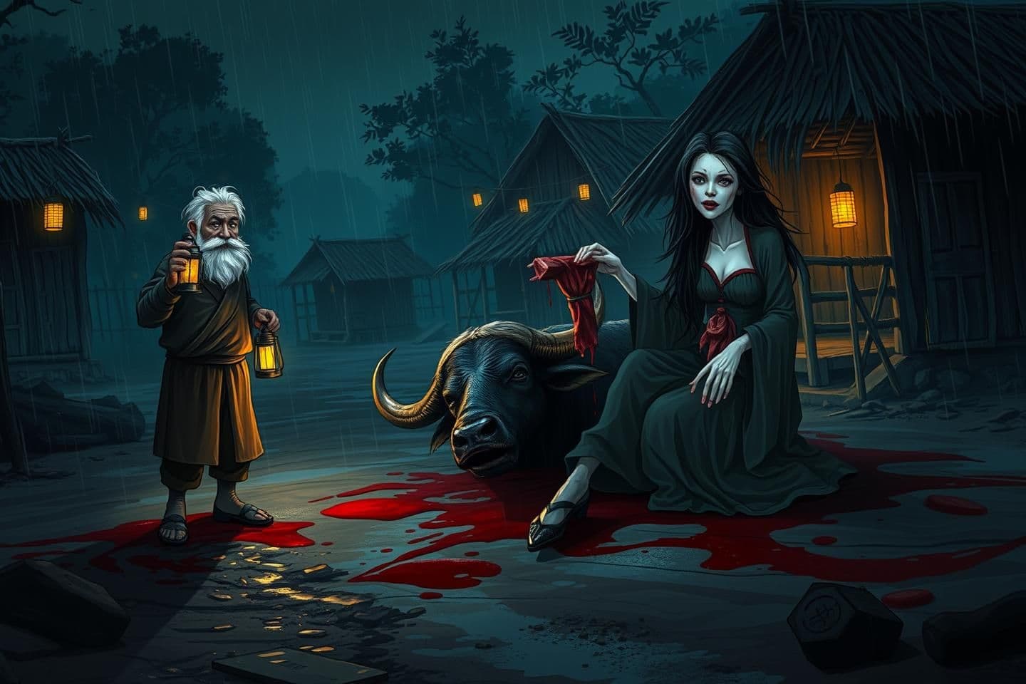 AI generated: “Create a dark horror illustration set in a small rural village at night during rainfall. The atmosphere is eerie, with dim lantern lights glowing from mud houses and wet ground re