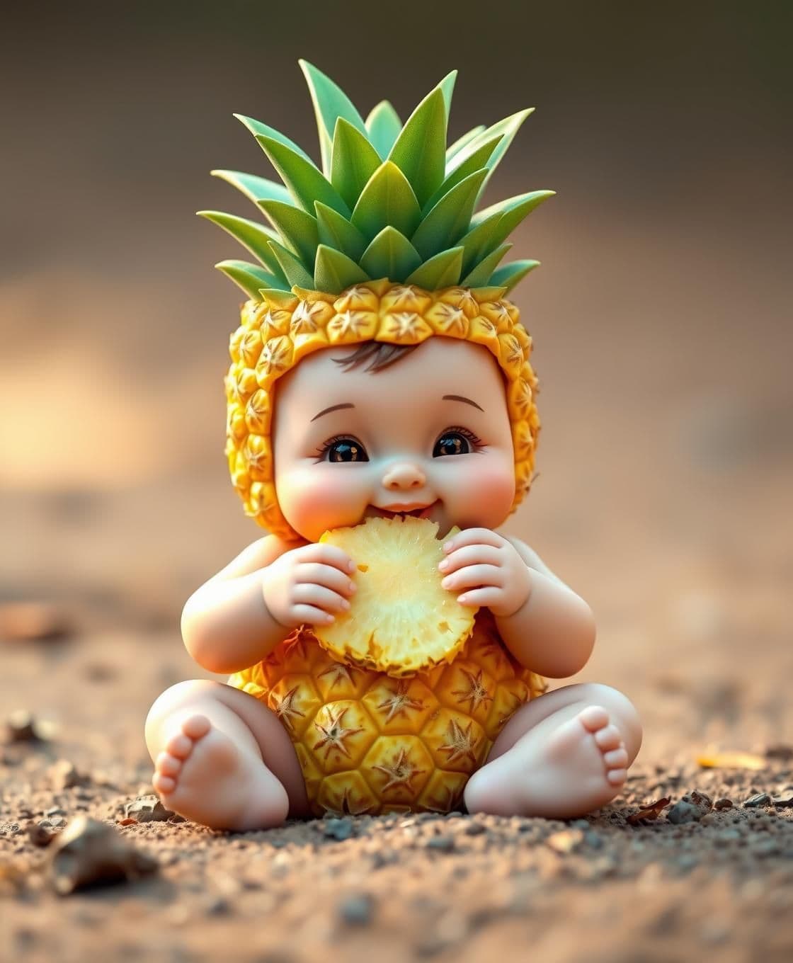 AI generated: A cute baby boy sitting like a human, but his body is shaped like a pineapple. The pineapple has a golden-yellow textured body with a green spiky crown on top like hair. The pineap