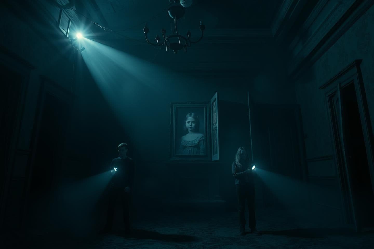 AI generated: Night scene inside an abandoned haunted mansion located in the mountains of a small mysterious town. Time is around 12 AM, the atmosphere is foggy and cold. Four young friends (two