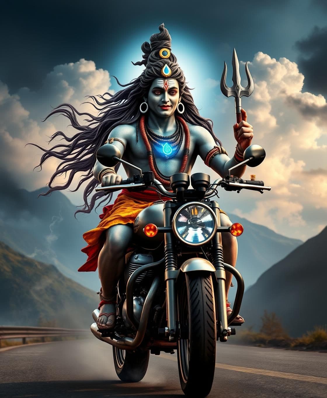 AI generated: Lord Shiva (Mahadev) riding a Royal Enfield Bullet motorcycle, divine and powerful appearance, ash-smeared body, long flowing hair, crescent moon on head, glowing third eye, blue t
