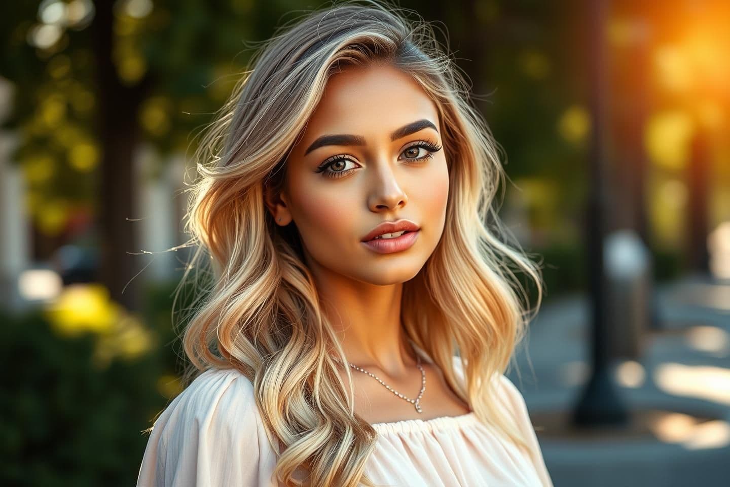 AI generated: Generate an image of A beautiful young American/Indian woman with fair skin, soft natural makeup, and bright expressive eyes. She has silky blonde hair styled in loose waves that f